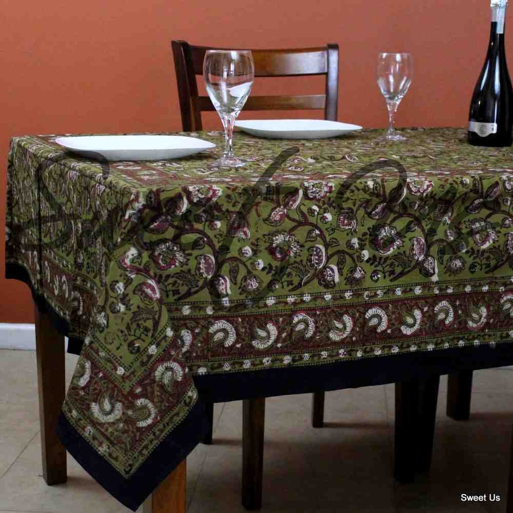 Dabu Block Print Floral Tablecloth Rectangle Green Orange Saffron Dining Linen