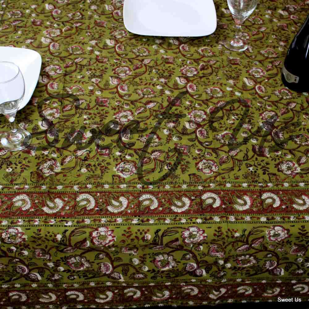 Dabu Block Print Floral Tablecloth Rectangle Green Orange Saffron Dining Linen