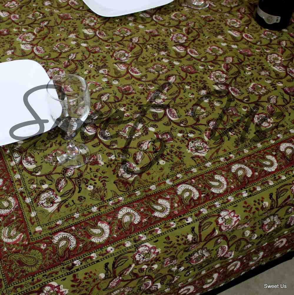 Dabu Block Print Floral Tablecloth Rectangle Green Orange Saffron Dining Linen