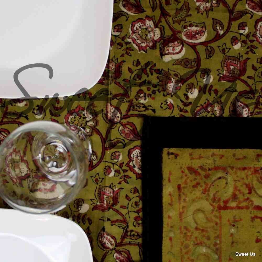 Dabu Block Print Floral Tablecloth Rectangle Green Orange Saffron Dining Linen