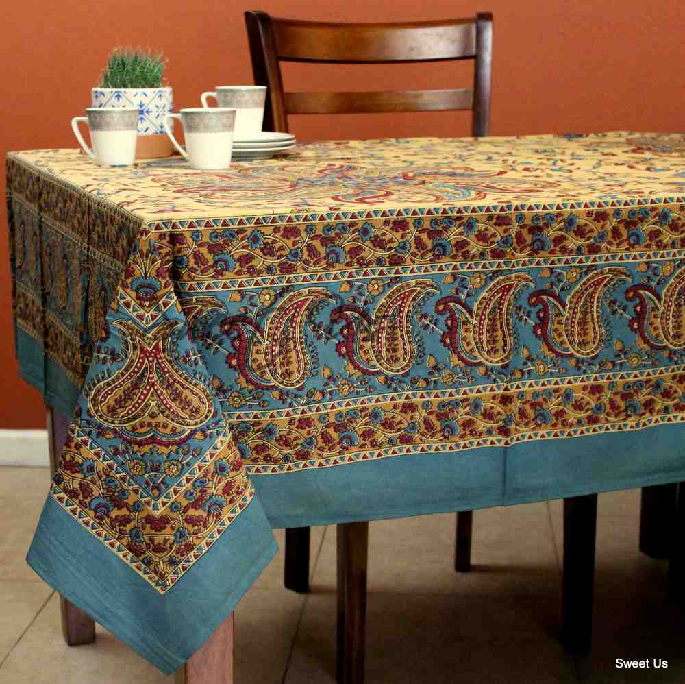Cotton Block Print Paisley Floral Tablecloth for Rectangle Tables Blue Green Red