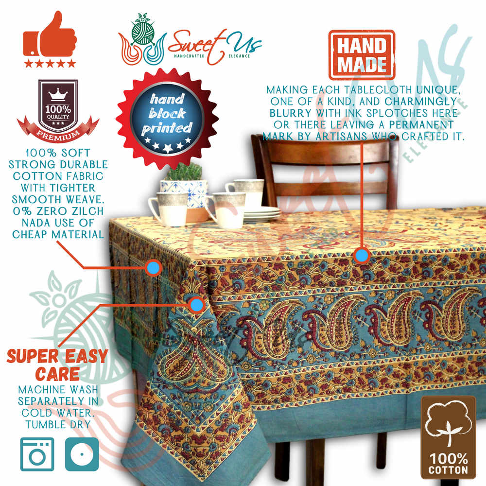 Cotton Block Print Paisley Floral Tablecloth for Rectangle Tables Blue Green Red