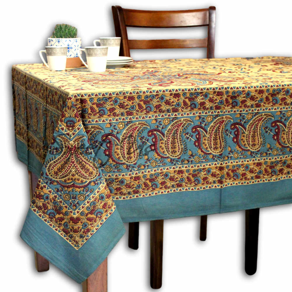 Cotton Block Print Paisley Floral Tablecloth for Rectangle Tables Blue Green Red