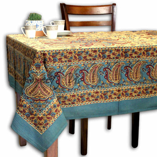 Paisley Heritage Hand?Printed Cotton Tablecloth — Turquoise Serein - Sweet Us