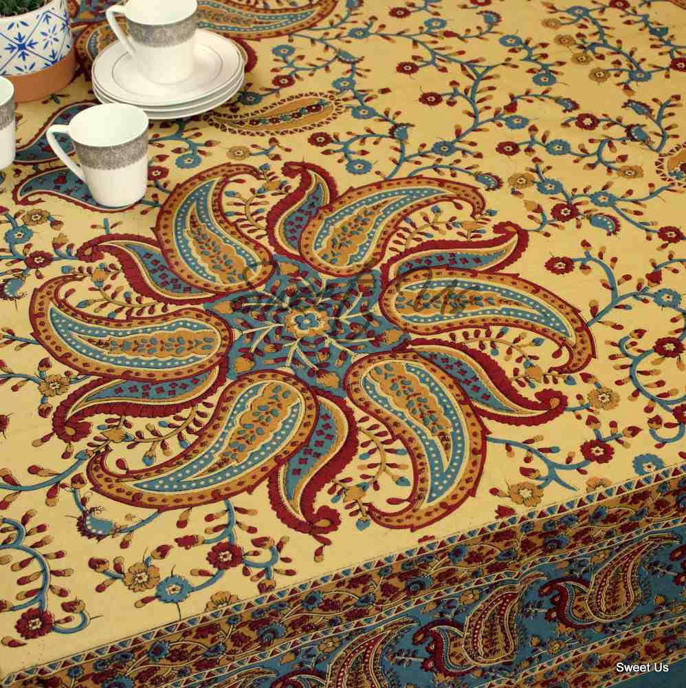 Cotton Block Print Paisley Floral Tablecloth for Rectangle Tables Blue Green Red