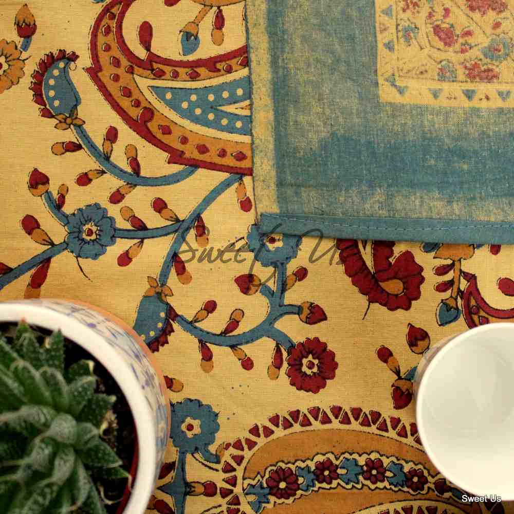 Cotton Block Print Paisley Floral Tablecloth for Rectangle Tables Blue Green Red