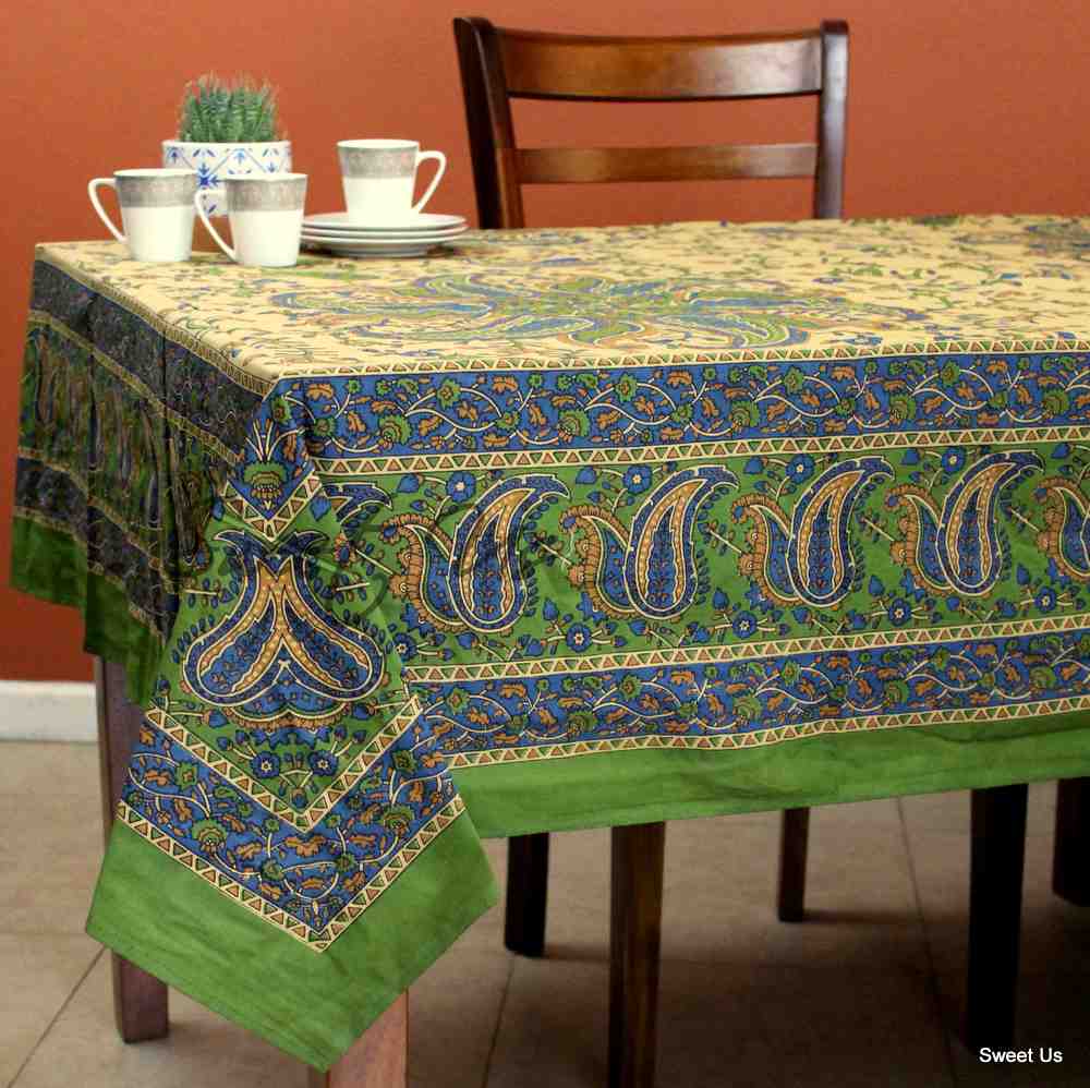 Cotton Block Print Paisley Floral Tablecloth for Rectangle Tables Blue Green Red