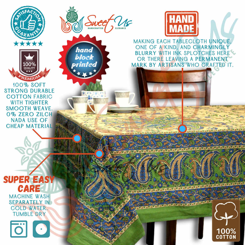 Cotton Block Print Paisley Floral Tablecloth for Rectangle Tables Blue Green Red