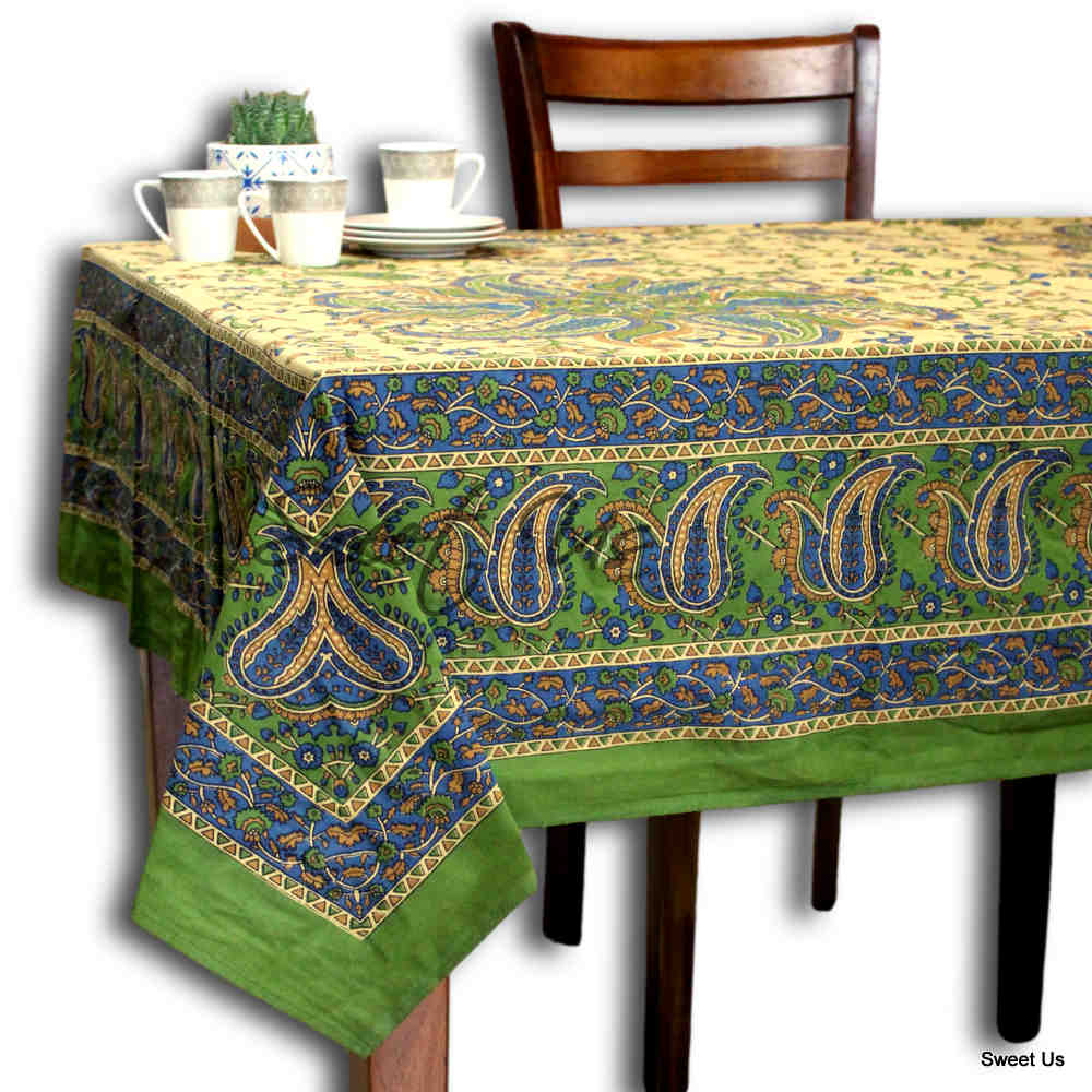 Cotton Block Print Paisley Floral Tablecloth for Rectangle Tables Blue Green Red
