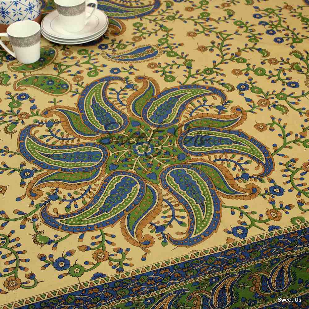 Cotton Block Print Paisley Floral Tablecloth for Rectangle Tables Blue Green Red