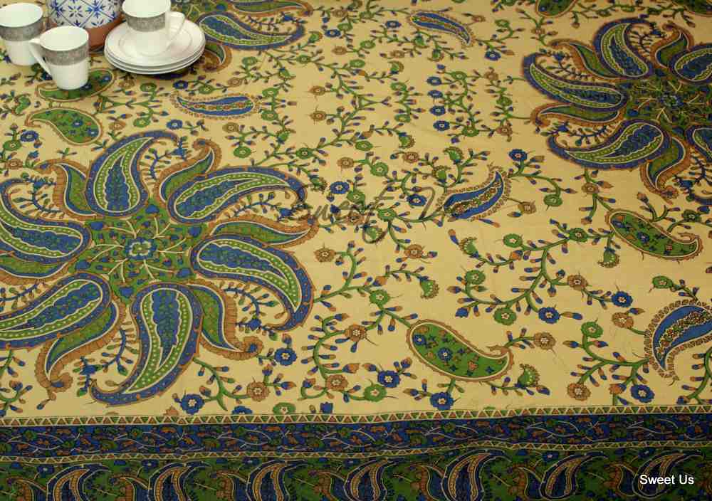 Cotton Block Print Paisley Floral Tablecloth for Rectangle Tables Blue Green Red