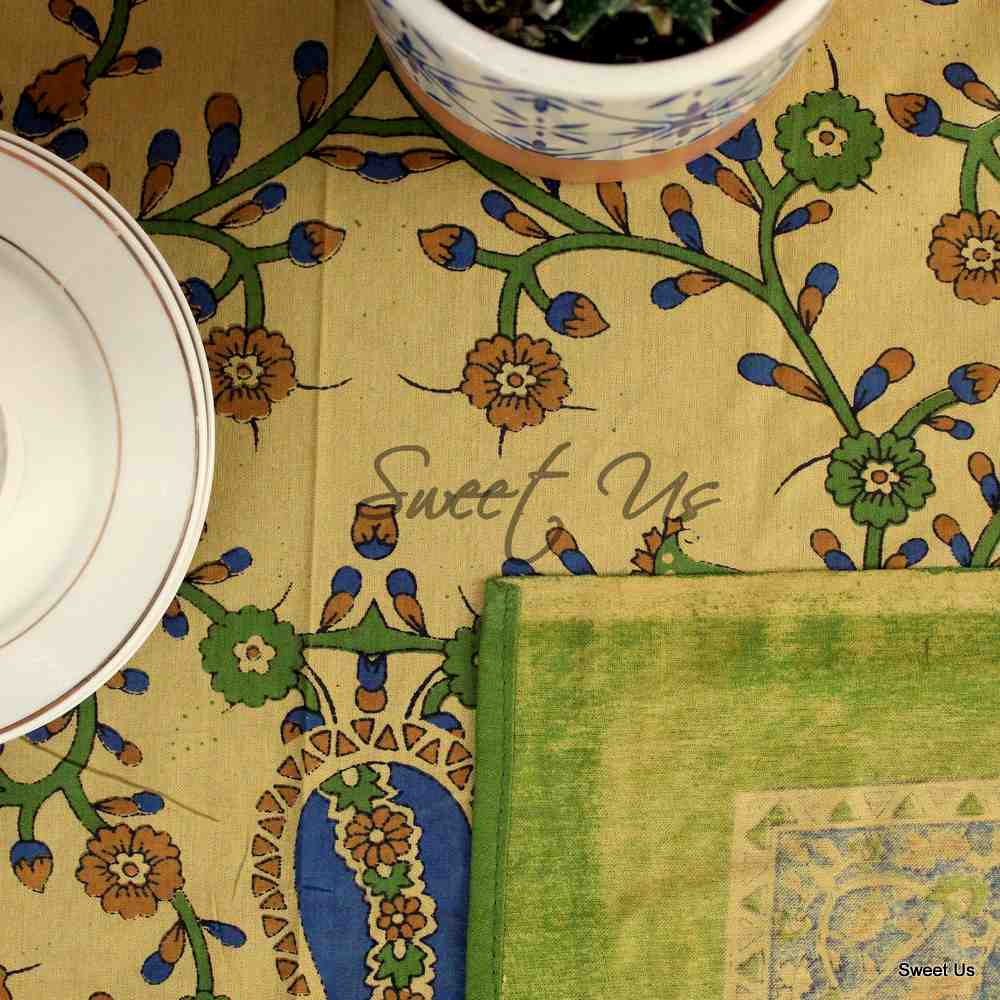 Cotton Block Print Paisley Floral Tablecloth for Rectangle Tables Blue Green Red