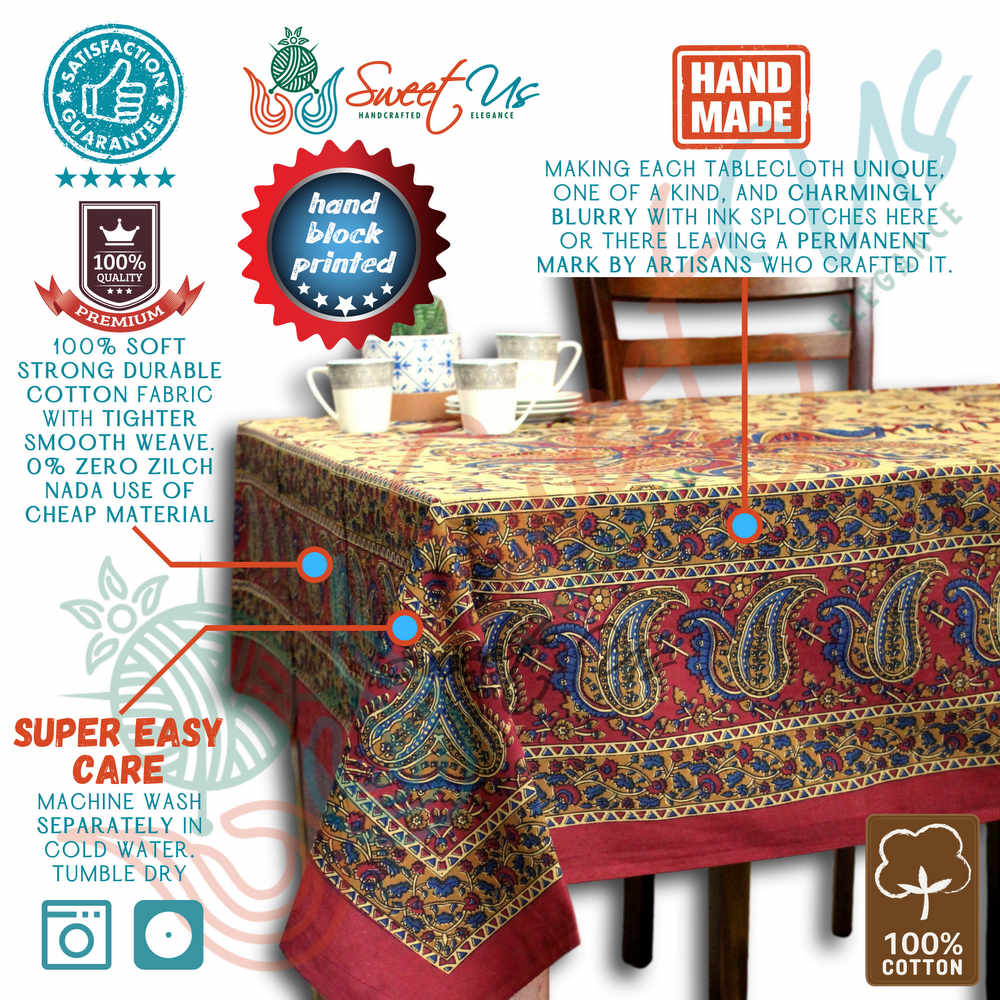 Cotton Block Print Paisley Floral Tablecloth for Rectangle Tables Blue Green Red