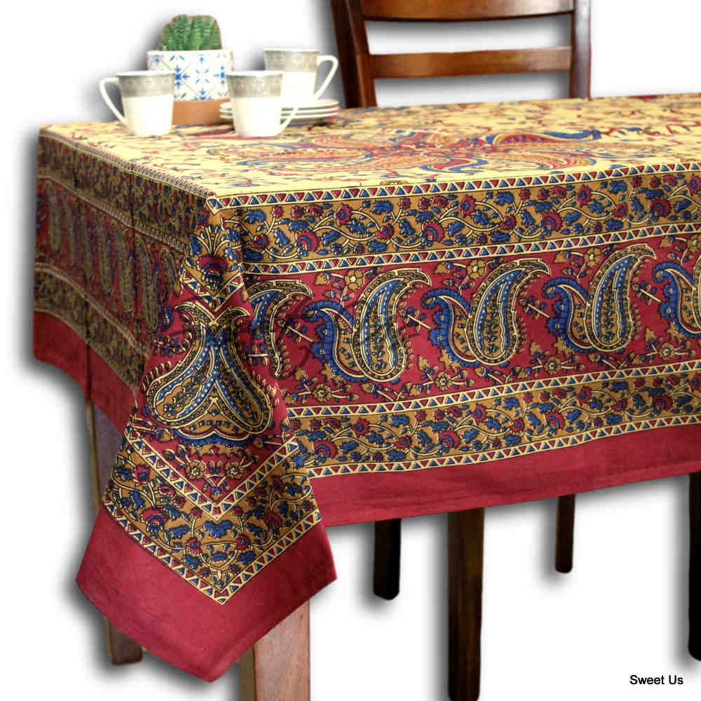 Cotton Block Print Paisley Floral Tablecloth for Rectangle Tables Blue Green Red