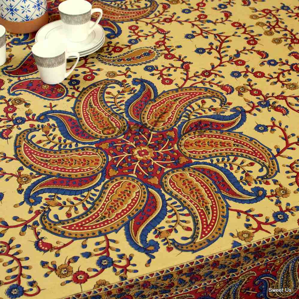 Cotton Block Print Paisley Floral Tablecloth for Rectangle Tables Blue Green Red
