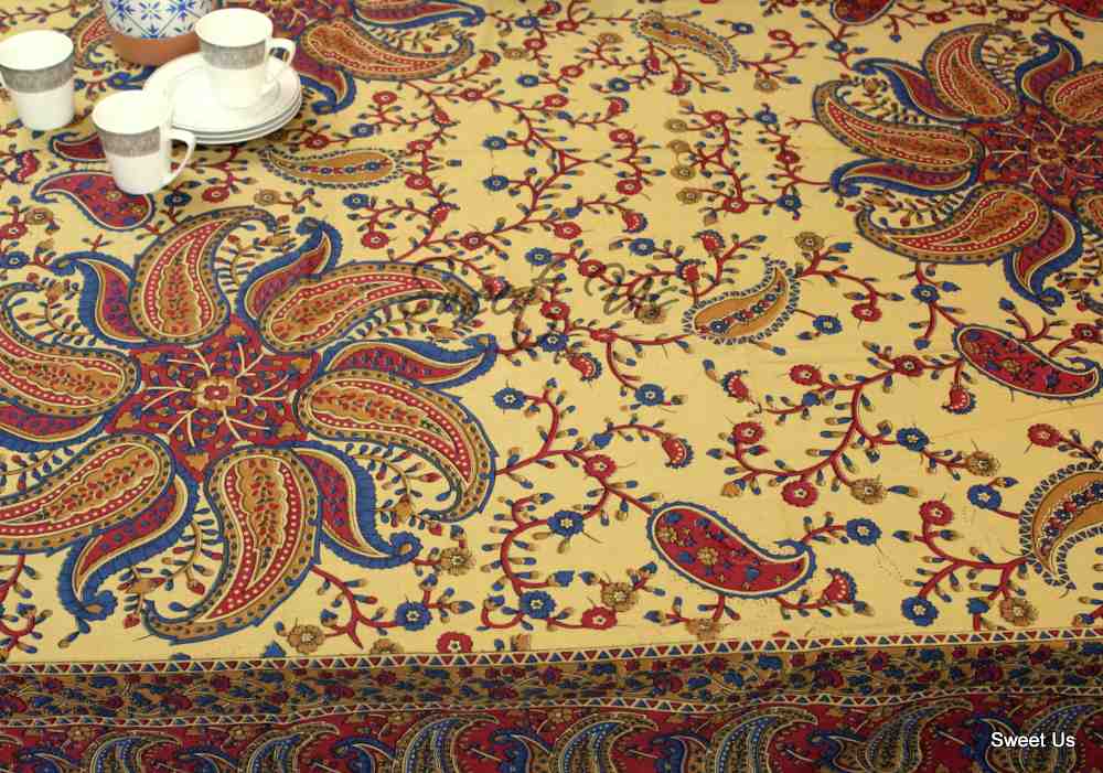 Cotton Block Print Paisley Floral Tablecloth for Rectangle Tables Blue Green Red