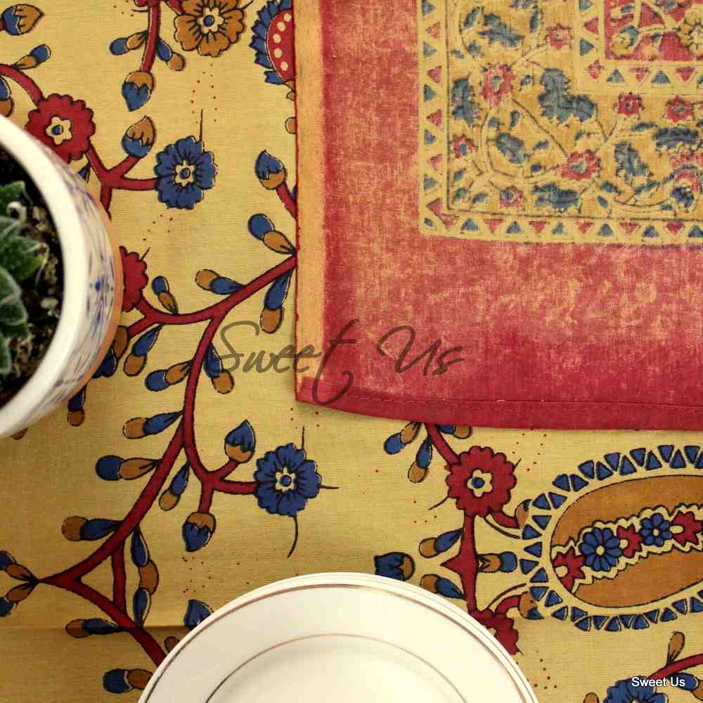 Cotton Block Print Paisley Floral Tablecloth for Rectangle Tables Blue Green Red