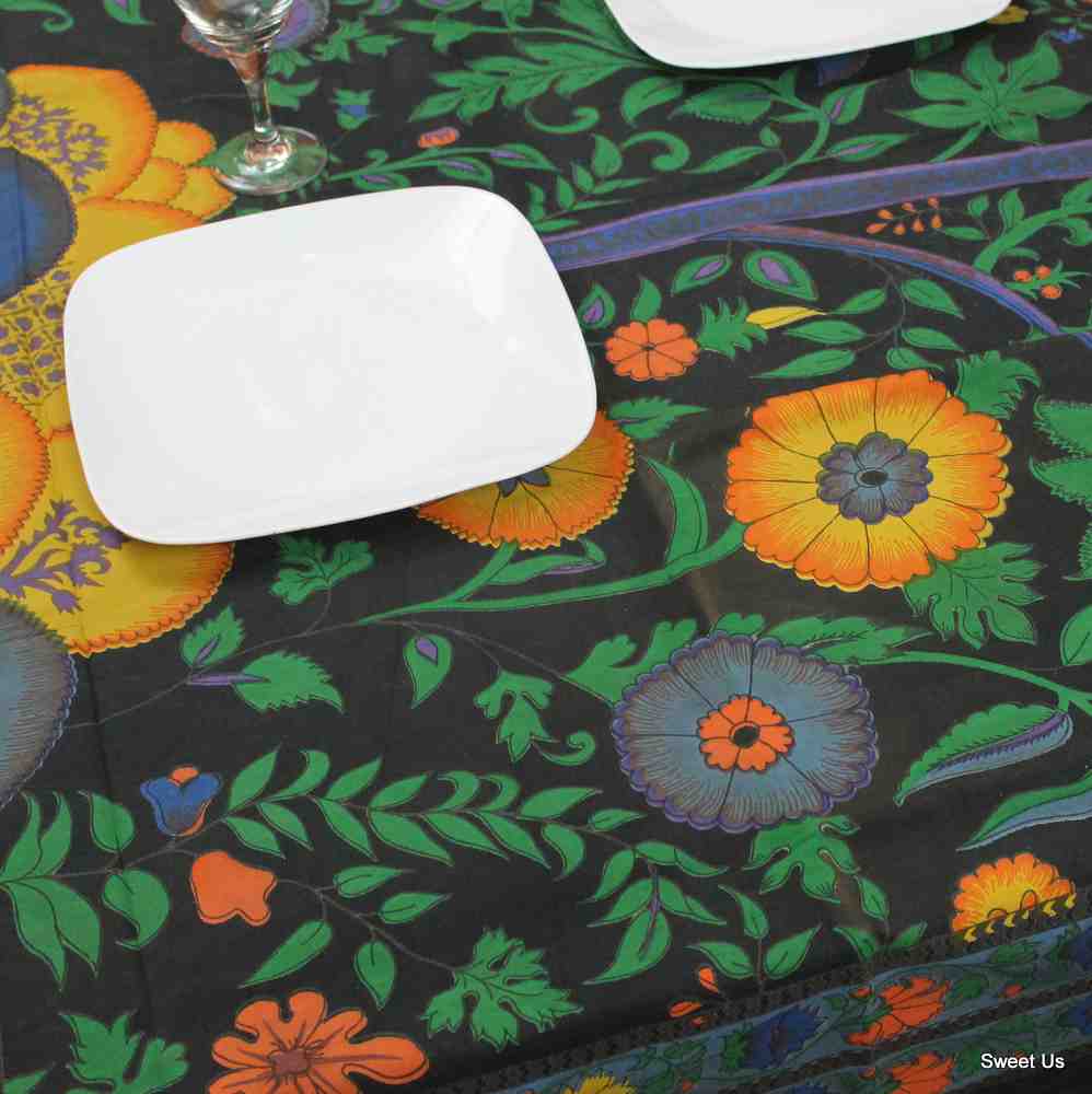 Cotton Floral Tree of Life Tablecloth Rectangle Black Kitchen Dining Linen