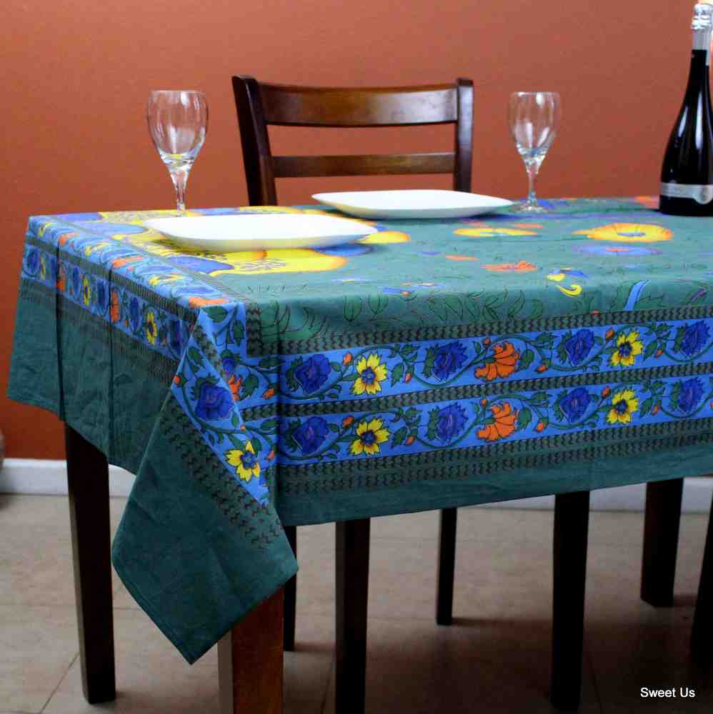 Cotton Floral Tree of Life Tablecloth Rectangle Green Kitchen Dining Linen