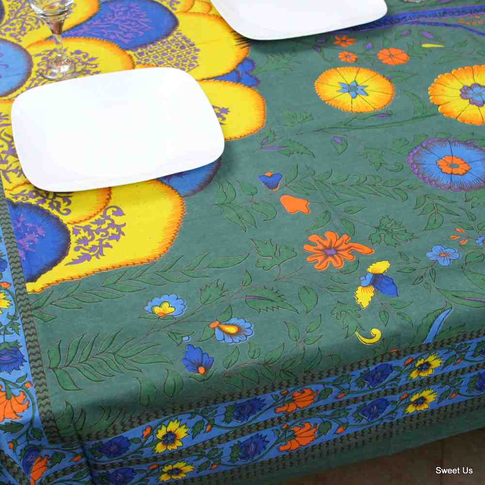 Cotton Floral Tree of Life Tablecloth Rectangle Green Kitchen Dining Linen