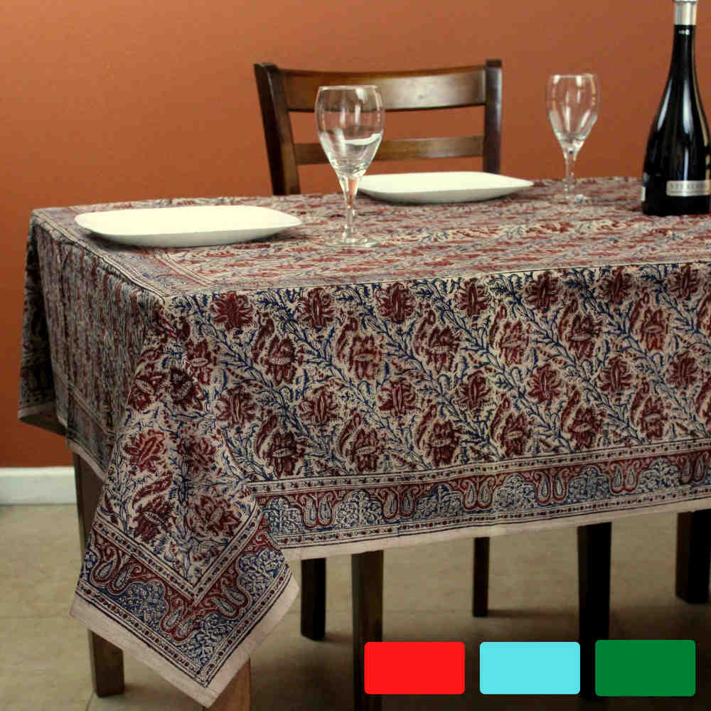 Cotton Vegetable Dye Hand Block Print Floral Tablecloth Rectangle Red Green Blue