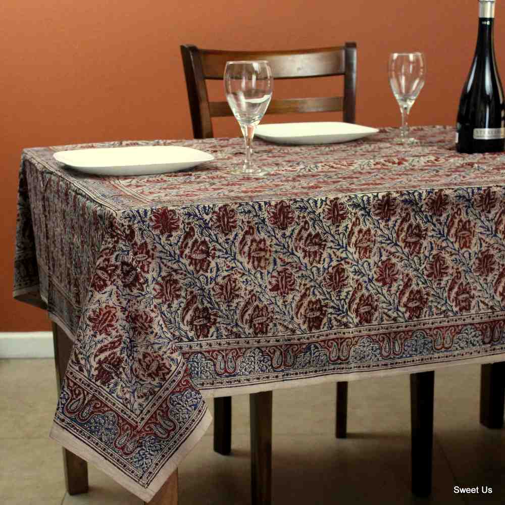 Cotton Vegetable Dye Hand Block Print Floral Tablecloth Rectangle Red Green Blue