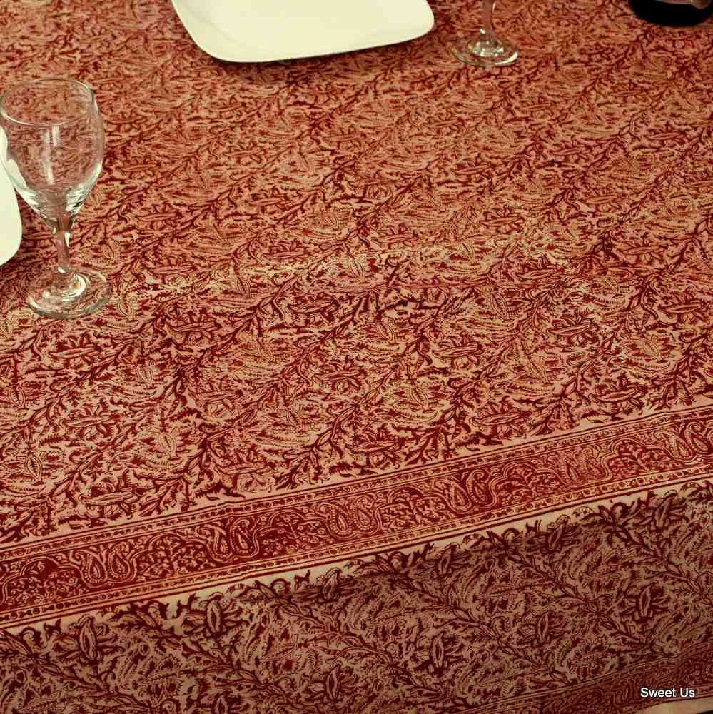 Cotton Vegetable Dye Hand Block Print Floral Tablecloth Rectangle Red Green Blue