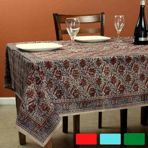 Cotton Vegetable Dye Hand Block Print Floral Tablecloth Rectangle Red Green Blue