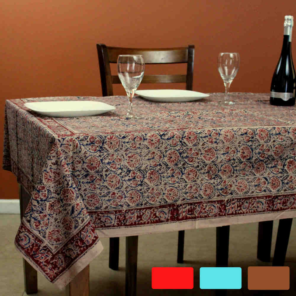 Cotton Vegetable Dye Hand Block Print Floral Tablecloth Rectangle Red Blue Beige