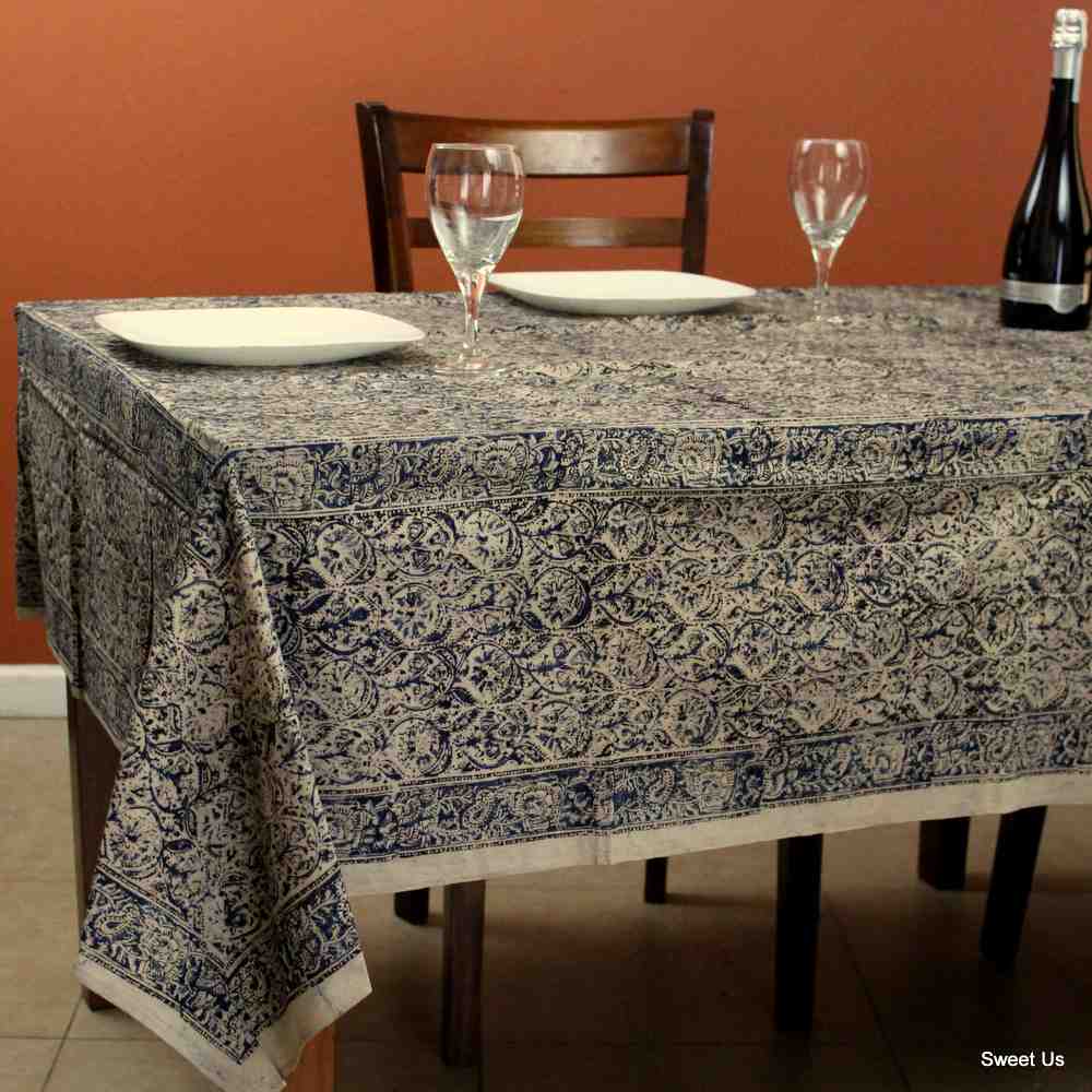 Cotton Vegetable Dye Hand Block Print Floral Tablecloth Rectangle Red Blue Beige