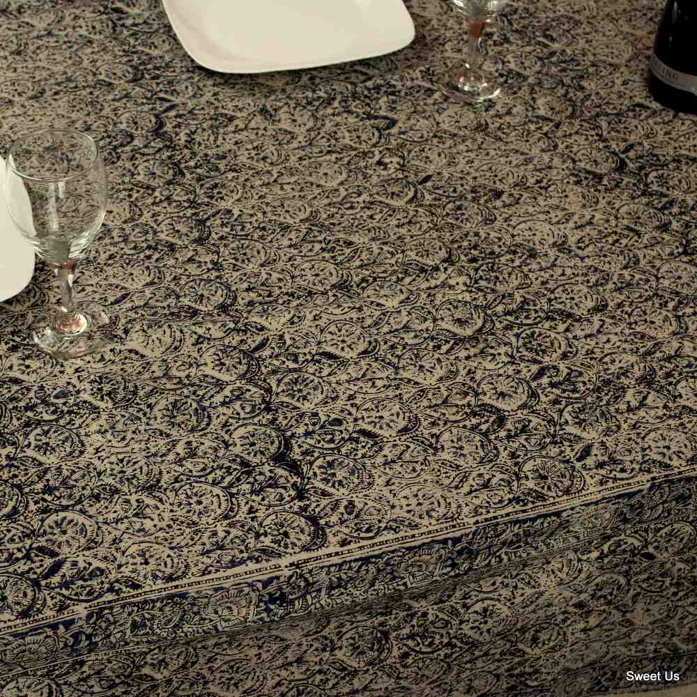 Cotton Vegetable Dye Hand Block Print Floral Tablecloth Rectangle Red Blue Beige