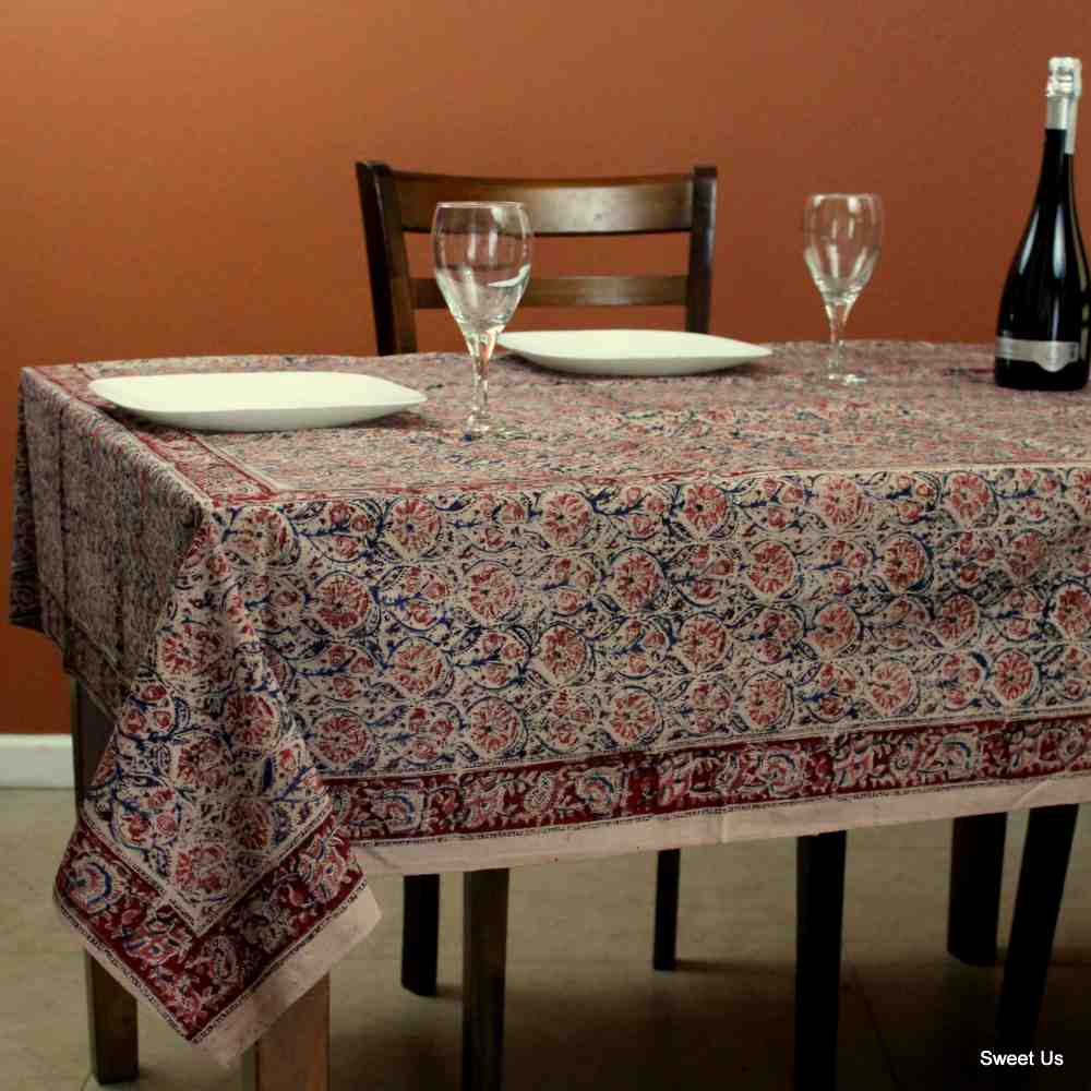 Cotton Vegetable Dye Hand Block Print Floral Tablecloth Rectangle Red Blue Beige