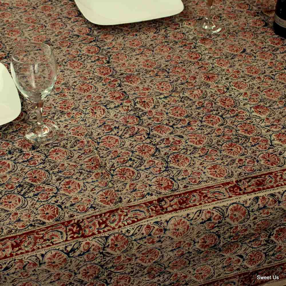 Cotton Vegetable Dye Hand Block Print Floral Tablecloth Rectangle Red Blue Beige