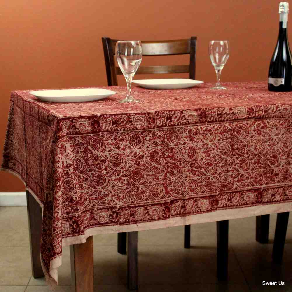 Cotton Vegetable Dye Hand Block Print Floral Tablecloth Rectangle Red Blue Beige