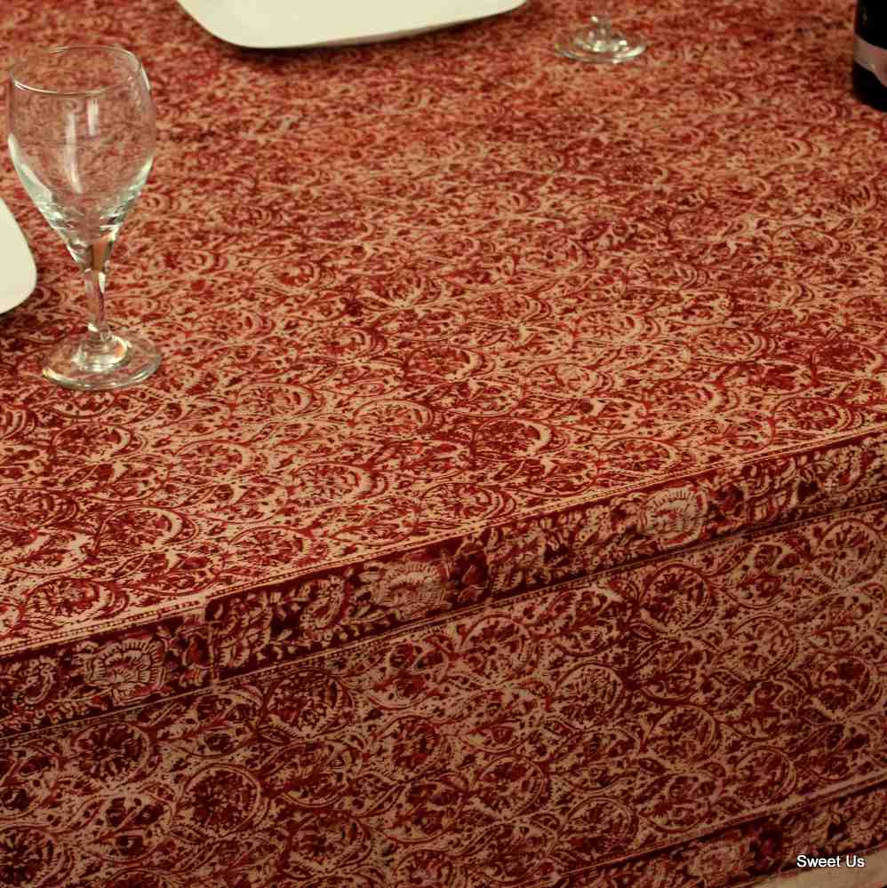 Cotton Vegetable Dye Hand Block Print Floral Tablecloth Rectangle Red Blue Beige