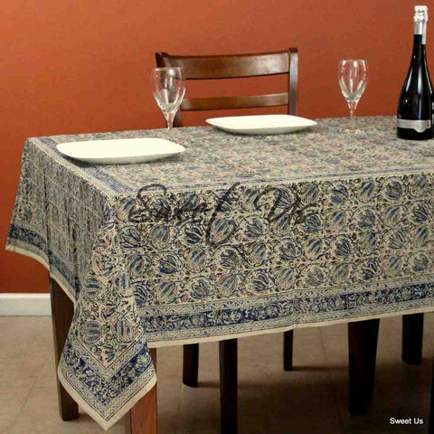 Cotton Vegetable Dye Hand Block Print Floral Tablecloth Rectangle Blue Beige