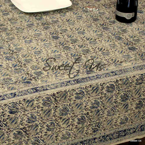 Cotton Vegetable Dye Hand Block Print Floral Tablecloth Rectangle Blue Beige - Sweet Us
