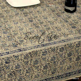 Cotton Vegetable Dye Hand Block Print Floral Tablecloth Rectangle Blue Beige