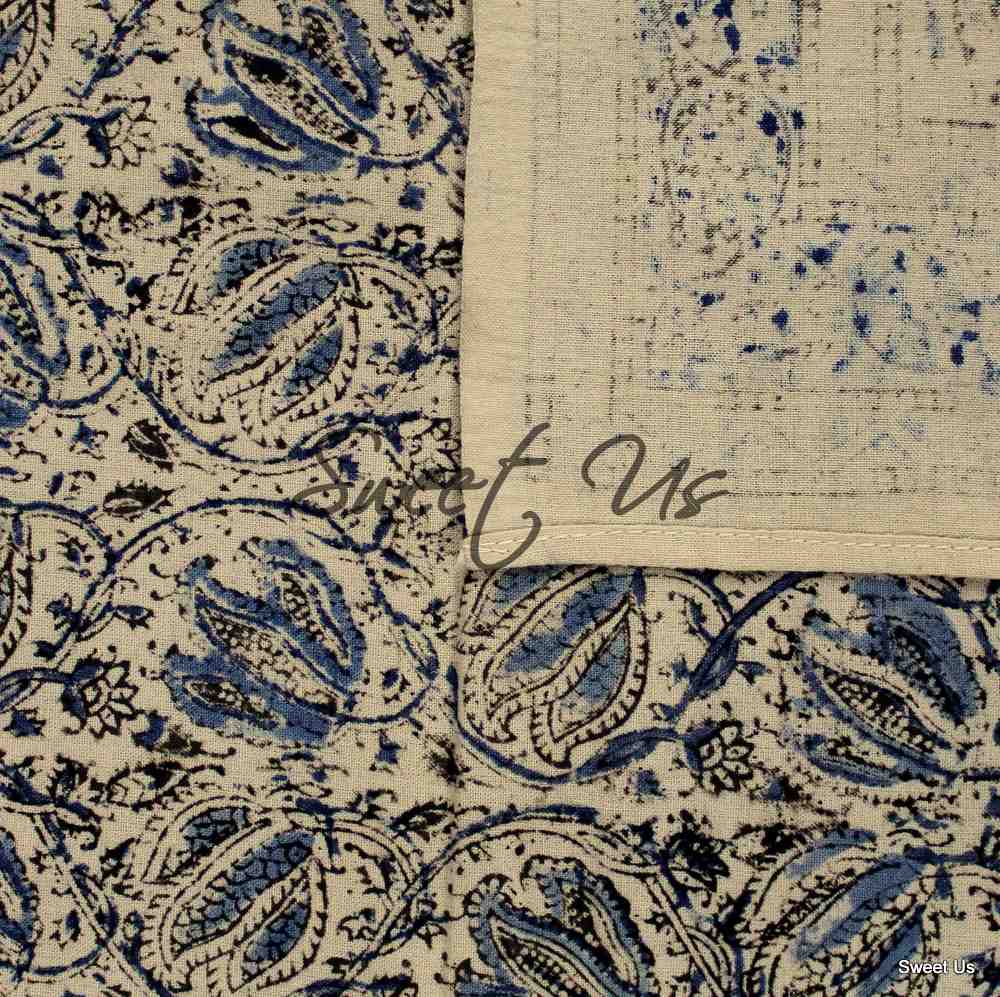 Cotton Vegetable Dye Hand Block Print Floral Tablecloth Rectangle Blue Beige