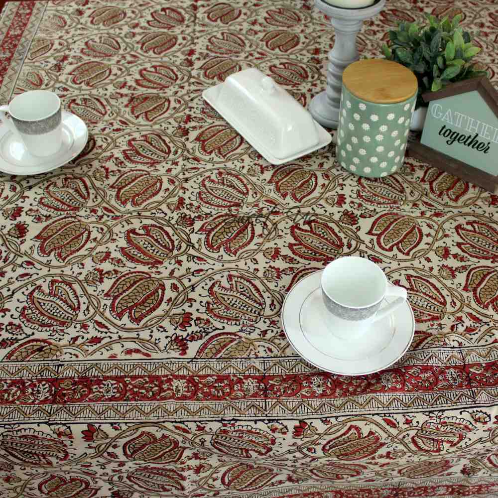 Cotton Vegetable Dye Hand Block Print Floral Tablecloth Rectangle Red Beige