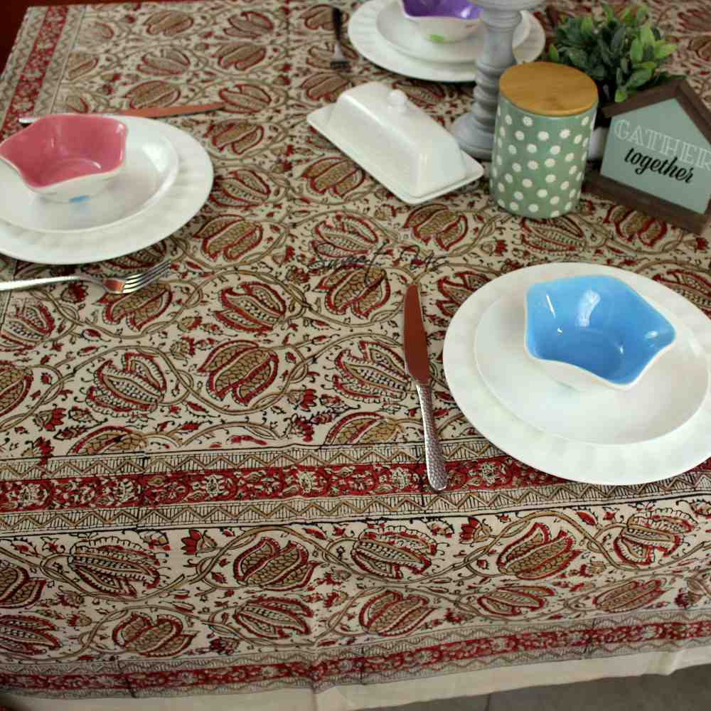 Cotton Vegetable Dye Hand Block Print Floral Tablecloth Rectangle Red Beige