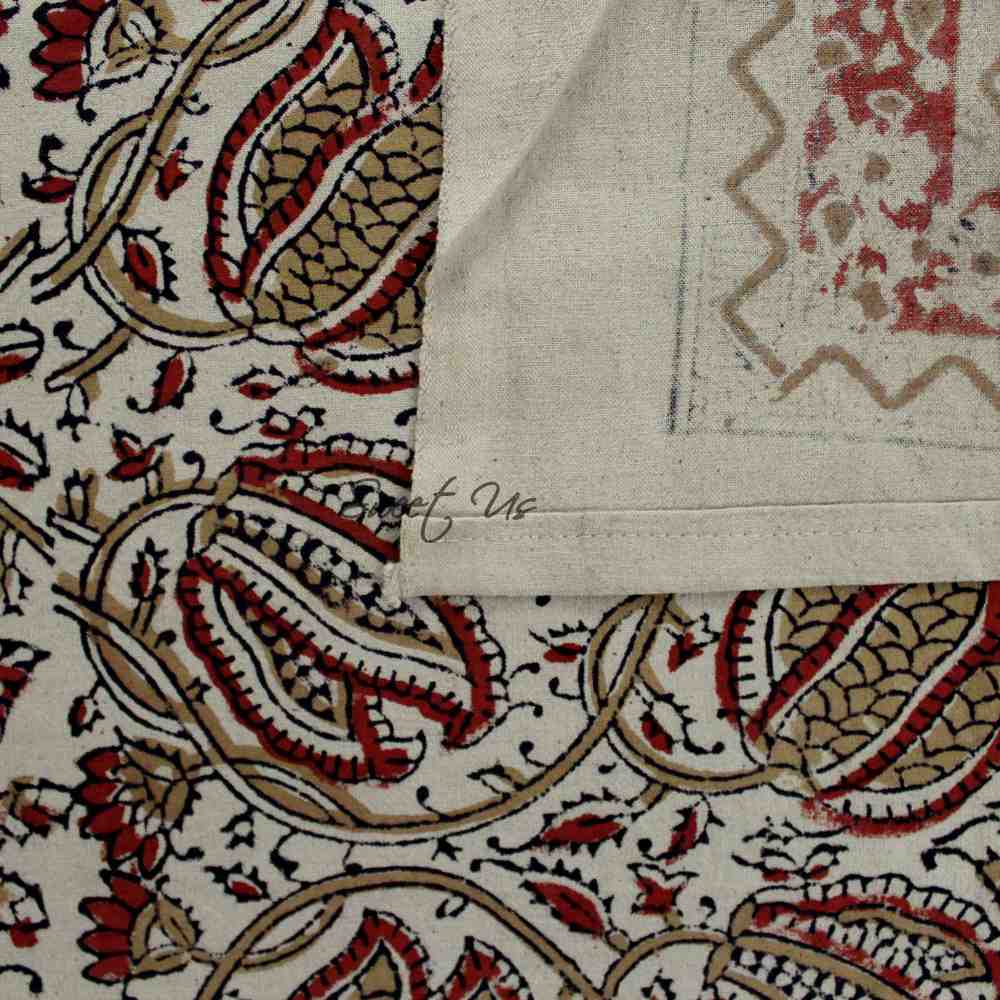 Cotton Vegetable Dye Hand Block Print Floral Tablecloth Rectangle Red Beige