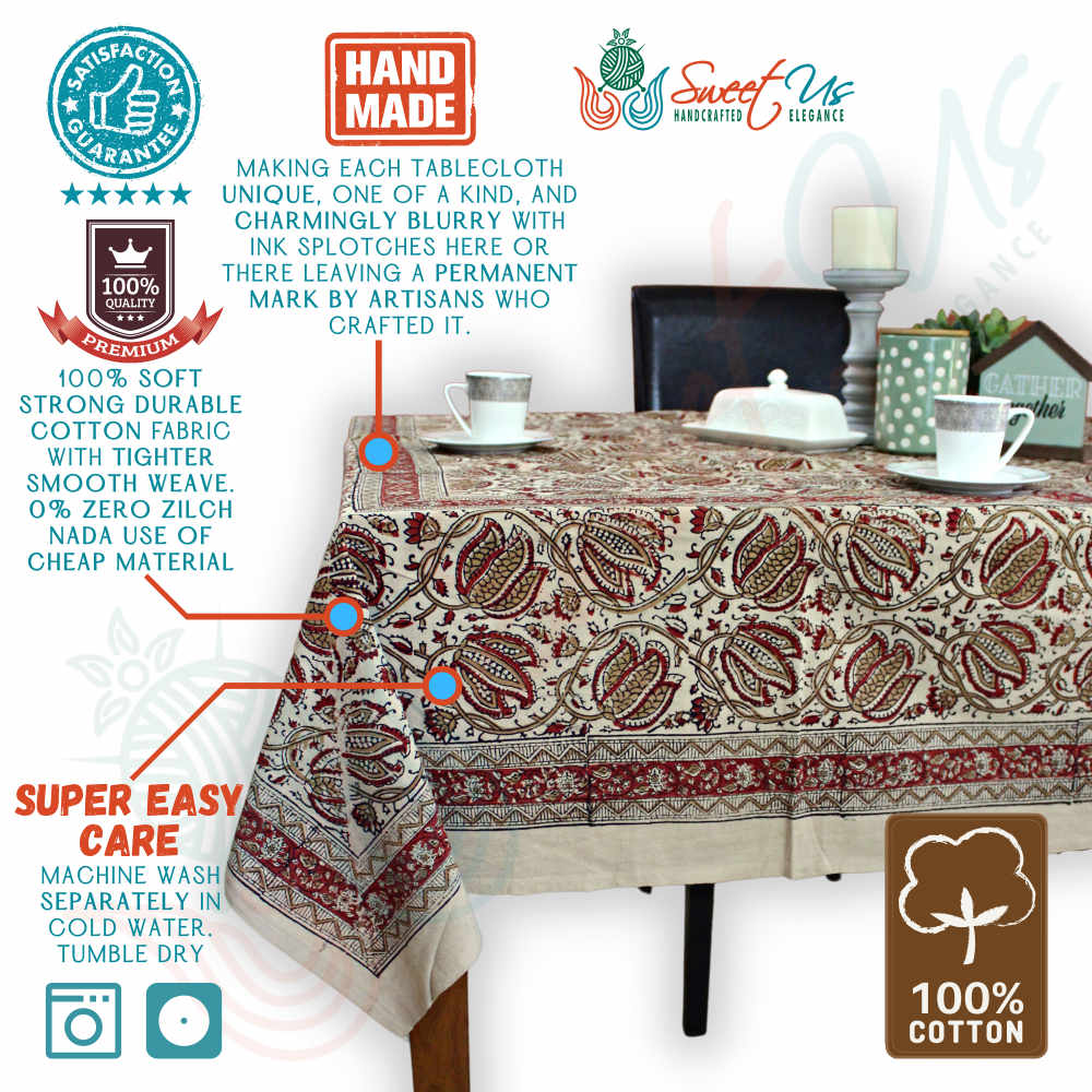 Cotton Vegetable Dye Hand Block Print Floral Tablecloth Rectangle Red Beige