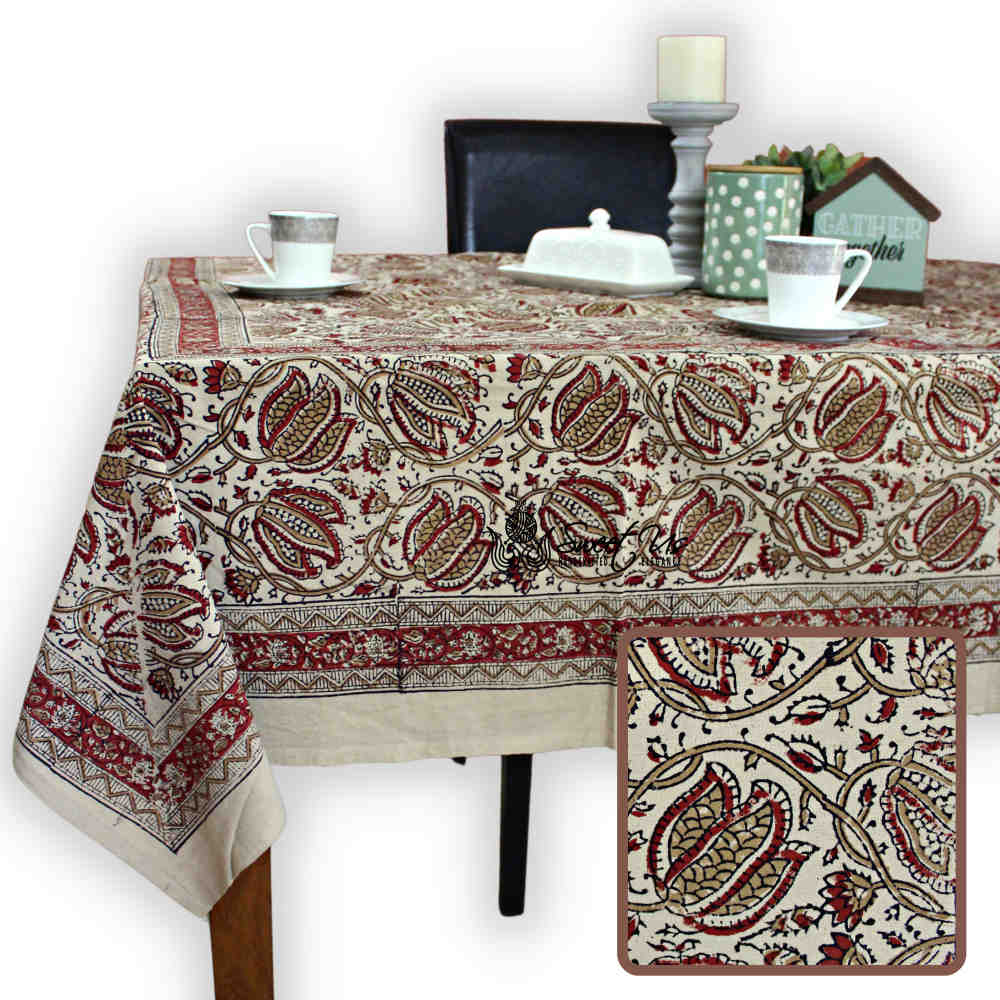 Cotton Vegetable Dye Hand Block Print Floral Tablecloth Rectangle Red Beige