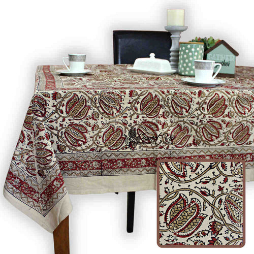 Cotton Vegetable Dye Hand Block Print Floral Tablecloth Rectangle Red Beige - Sweet Us