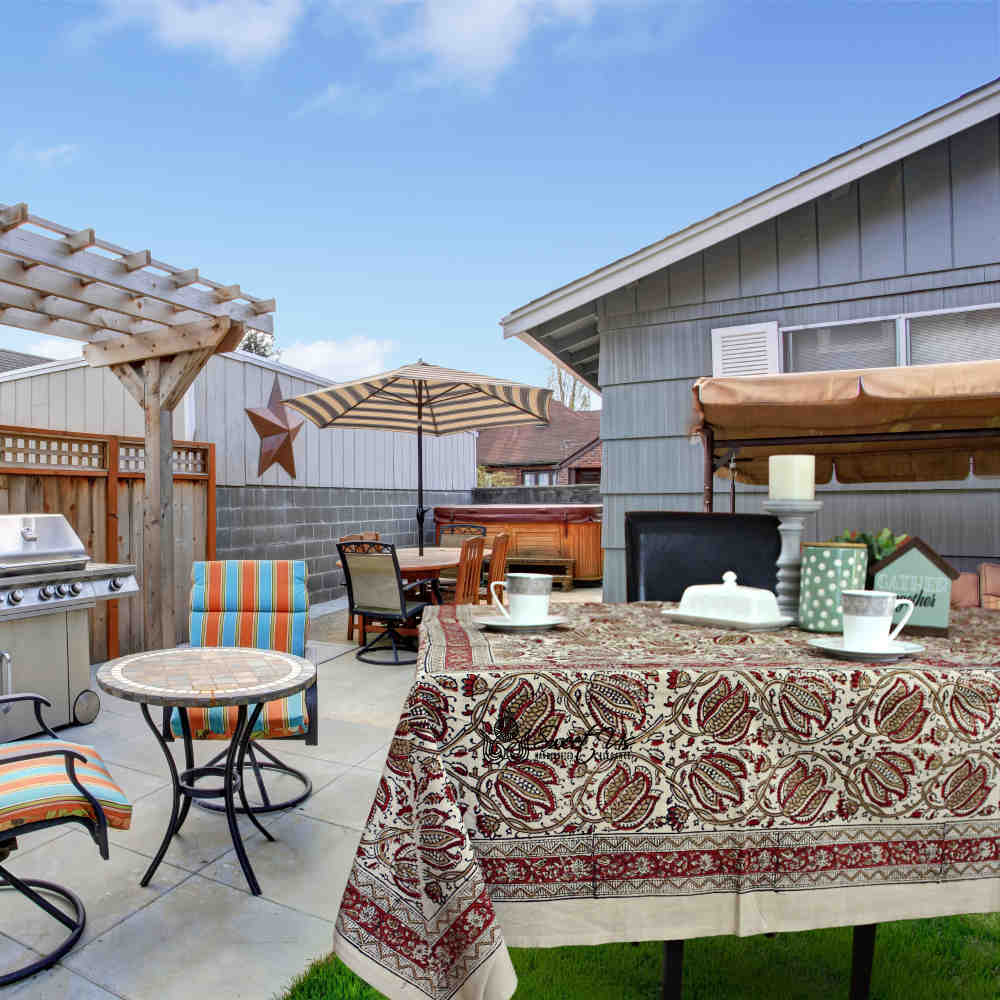 Cotton Vegetable Dye Hand Block Print Floral Tablecloth Rectangle Red Beige