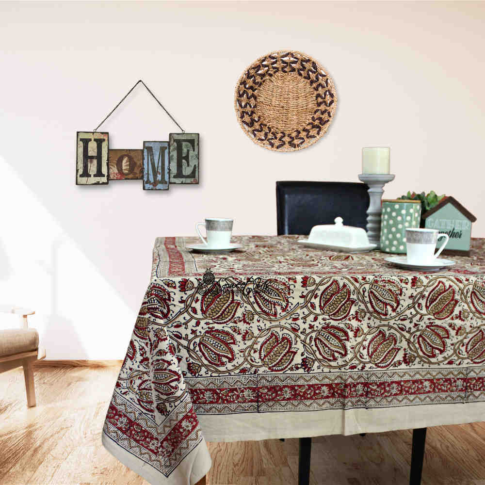 Cotton Vegetable Dye Hand Block Print Floral Tablecloth Rectangle Red Beige