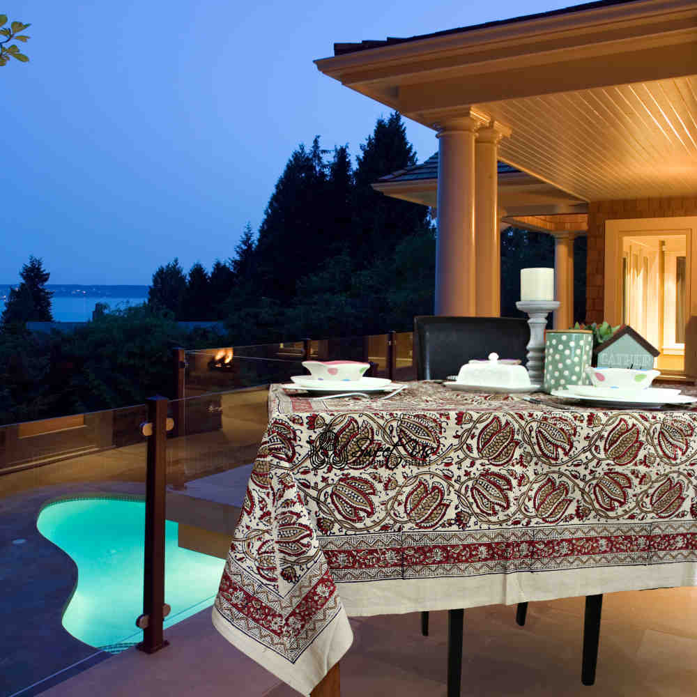 Cotton Vegetable Dye Hand Block Print Floral Tablecloth Rectangle Red Beige