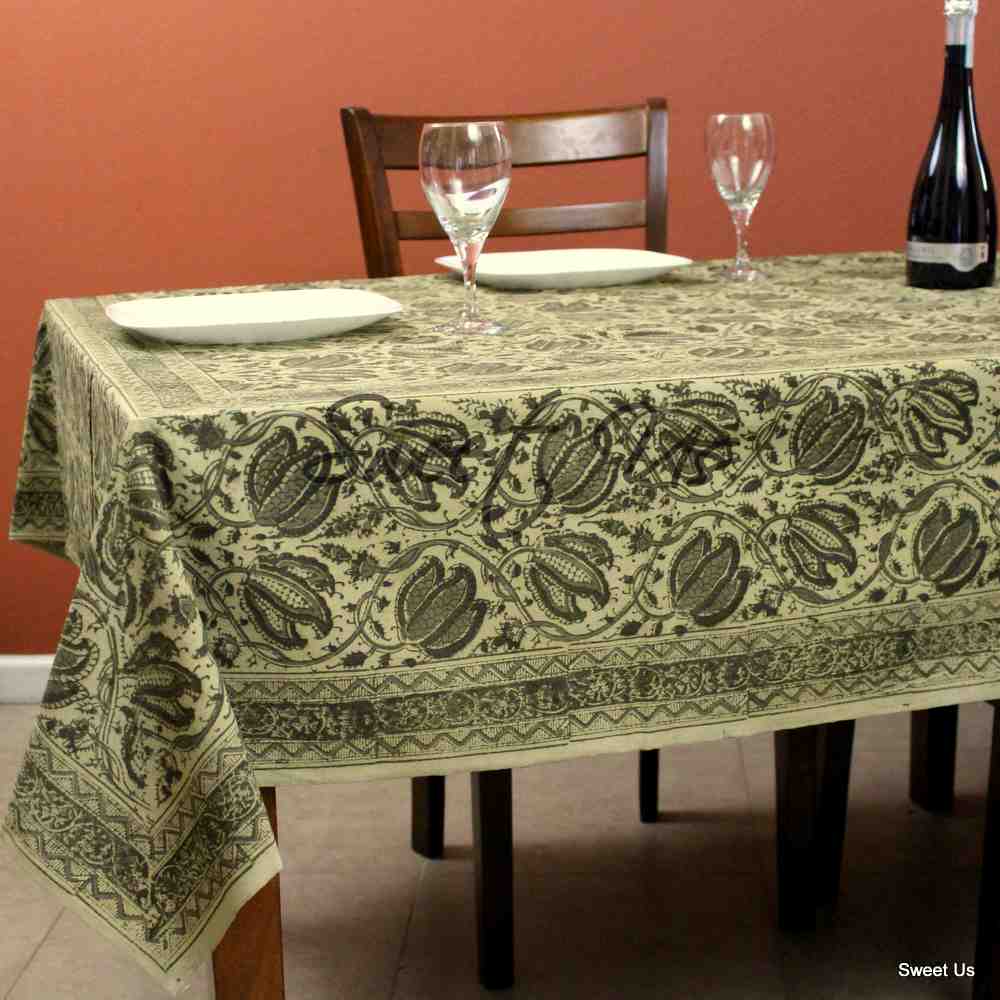 Cotton Vegetable Dye Hand Block Print Floral Tablecloth Rectangle Green Beige
