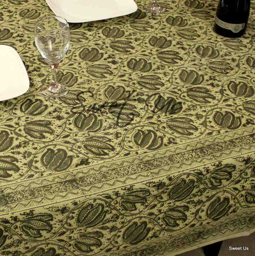Cotton Vegetable Dye Hand Block Print Floral Tablecloth Rectangle Green Beige - Sweet Us